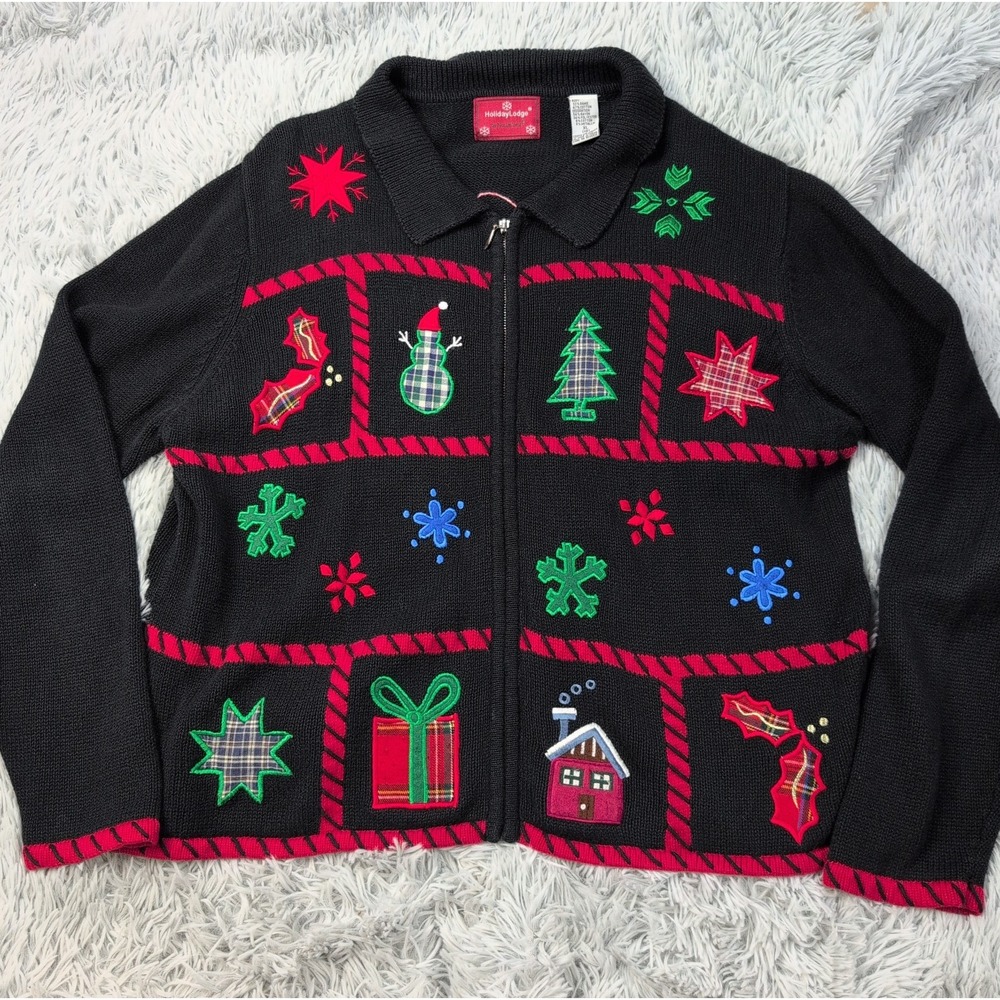 Holiday Lodge Sweater Womens XL Black Cardigan Zip Up Christmas Tree Snowman